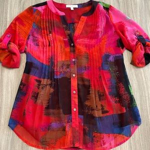 Chaus New York Multi Color Vibrant Button Up Top Roll Up Sleeves V Neck